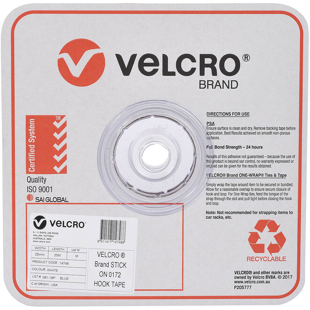 Image for VELCRO BRAND® STICK-ON HOOK TAPE 25MM X 25M WHITE from Barkers Rubber Stamps & Office Products Depot