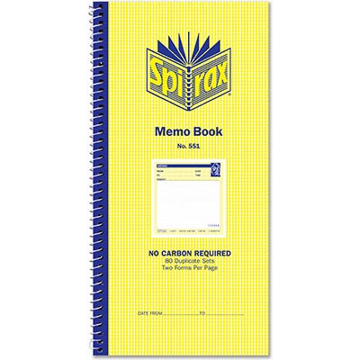 Image for SPIRAX 551 MEMO BOOK CARBONLESS 80 PAGE 279 X 144MM from MOE Office Products Depot Mackay & Whitsundays