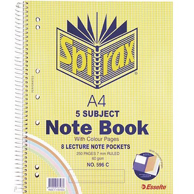 Image for SPIRAX 596C 5-SUBJECT NOTEBOOK 7MM RULED SPIRAL BOUND COLOURED PAPER 250 PAGE A4 from Ross Office Supplies Office Products Depot