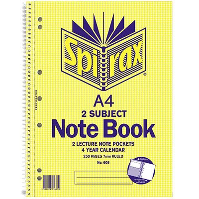 Image for SPIRAX 605 2 SUBJECT NOTEBOOK 7MM RULED SPIRAL BOUND 250 PAGE A4 from Ross Office Supplies Office Products Depot