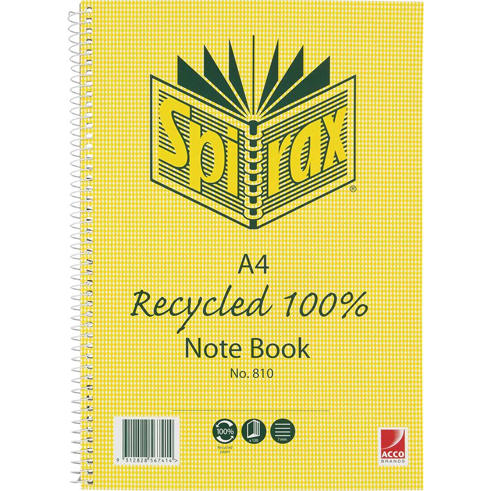 Image for SPIRAX 810 NOTEBOOK 7MM RULED 100% RECYCLED CARDBOARD COVER SPIRAL BOUND A4 120 PAGE from Ross Office Supplies Office Products Depot