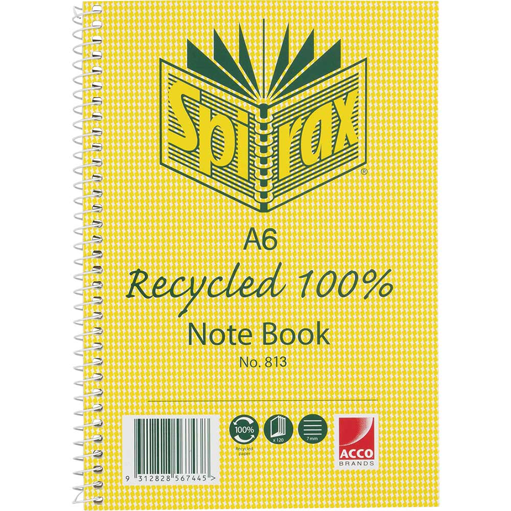Image for SPIRAX 813 NOTEBOOK 7MM RULED 100% RECYCLED CARDBOARD COVER SPIRAL BOUND A6 100 PAGE from MOE Office Products Depot Mackay & Whitsundays