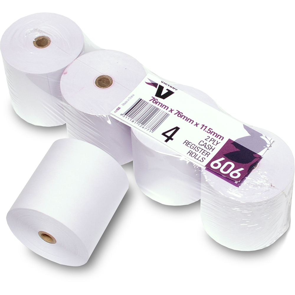 Image for VICTORY 606 CASH REGISTER ROLL 2 PLY 76 X 76 X 11.5MM PACK 4 from MOE Office Products Depot Mackay & Whitsundays