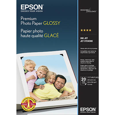 Image for EPSON S041288 PREMIUM GLOSSY PHOTO PAPER 255GSM A3 WHITE PACK 20 from Ross Office Supplies Office Products Depot