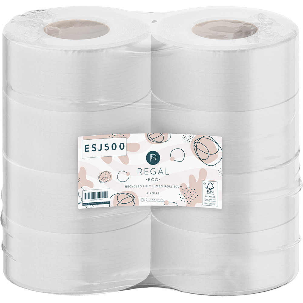 Image for REGAL ECO RECYCLED JUMBO TOILET ROLL 1-PLY 500M WHITE CARTON 8 from Barkers Rubber Stamps & Office Products Depot
