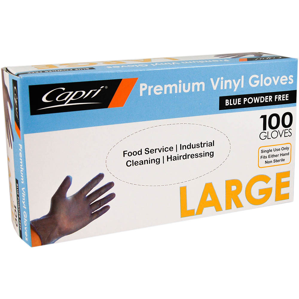 Image for CAPRI VINYL GLOVE POWDER FREE BLUE LARGE PACK 100 from OFFICEPLANET OFFICE PRODUCTS DEPOT