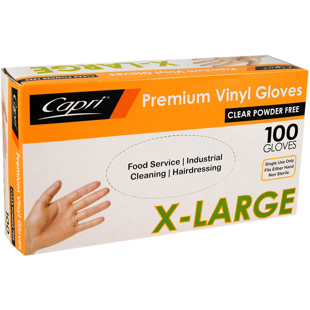 Image for CAPRI VINYL GLOVE POWDER FREE CLEAR EXTRA LARGE PACK 100 from OFFICEPLANET OFFICE PRODUCTS DEPOT