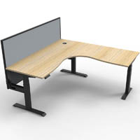 rapidline boost plus height adjustable corner workstation with screen 1800 x 1500 x 750mm natural oak top / black frame / grey
