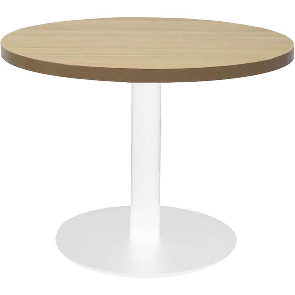 Image for RAPIDLINE CIRCULAR COFFEE TABLE 600 X 425MM NATURAL OAK TABLE TOP / WHITE POWDER COAT BASE from Barkers Rubber Stamps & Office Products Depot