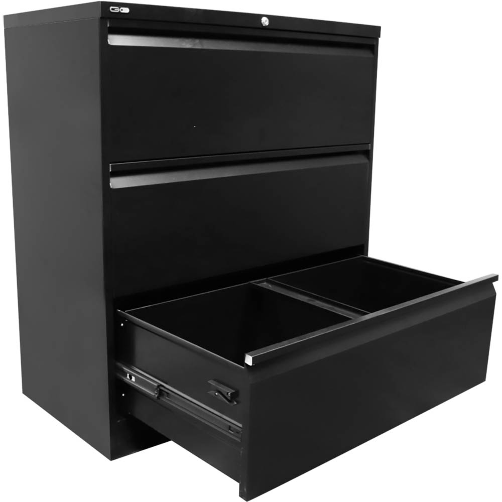 Image for GO LATERAL FILING CABINET 3 DRAWER HEAVY DUTY 1016 X 900 X 473MM BLACK from Barkers Rubber Stamps & Office Products Depot