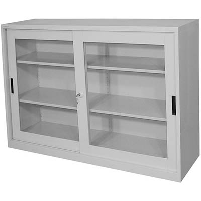 Image for STEELCO GLASS SLIDING DOOR CUPBOARD 2 SHELF 1015 X 914 X 465MM WHITE SATIN from Ross Office Supplies Office Products Depot