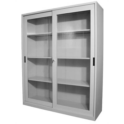 Image for STEELCO GLASS SLIDING DOOR CUPBOARD 3 SHELVES 1830 X 1500 X 465MM SILVER GREY from Barkers Rubber Stamps & Office Products Depot