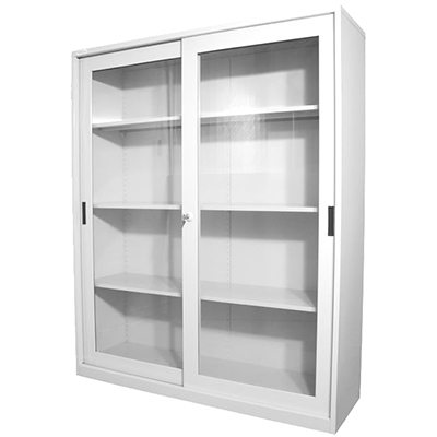 Image for STEELCO GLASS SLIDING DOOR CUPBOARD 3 SHELVES 1830 X 1500 X 465MM WHITE SATIN from Ross Office Supplies Office Products Depot