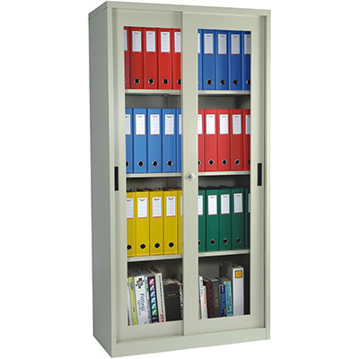 Image for STEELCO GLASS SLIDING DOOR CUPBOARD 3 SHELVES 1830 X 914 X 465MM WHITE SATIN from Office Products Depot
