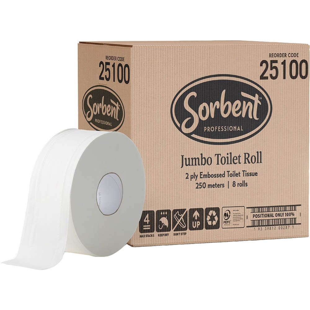 Image for SORBENT PROFESSIONAL JUMBO TOILET TISSUE 2 PLY 250M ROLL CARTON 8 from MOE Office Products Depot Mackay & Whitsundays