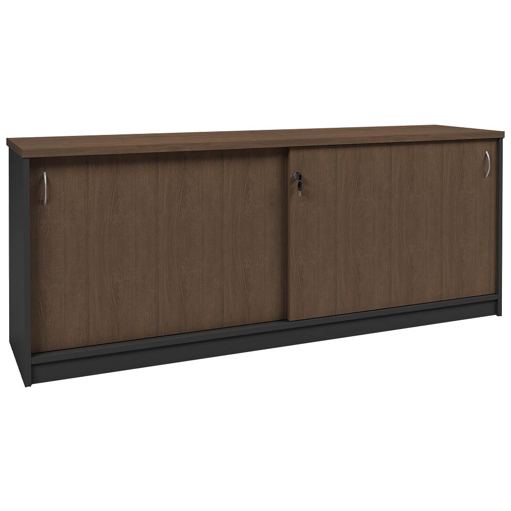 Image for OM PREMIER SLIDING DOOR CREDENZA 1500 X 450 X 720MM REGAL WALNUT/CHARCOAL from Barkers Rubber Stamps & Office Products Depot