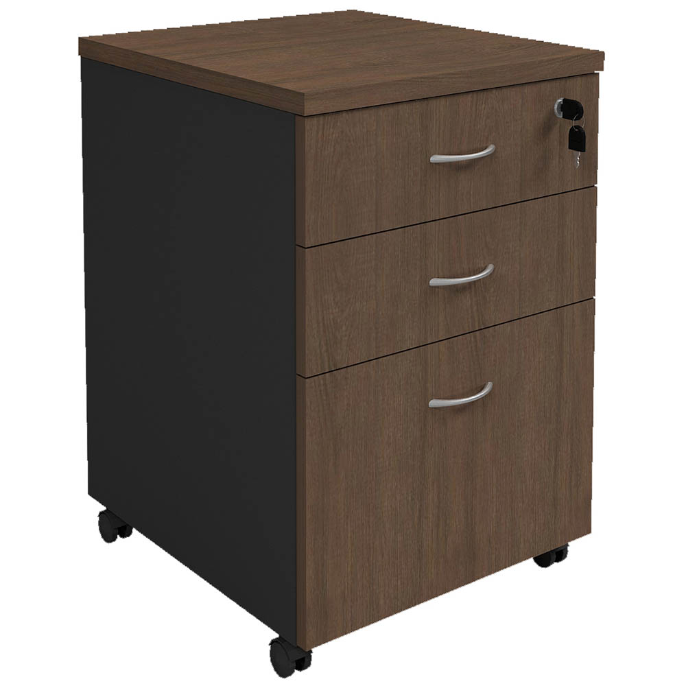 Image for OM PREMIER MOBILE PEDESTAL 3-DRAWER LOCKABLE 468 X 510 X 685MM REGAL WALNUT/CHARCOAL from MOE Office Products Depot Mackay & Whitsundays
