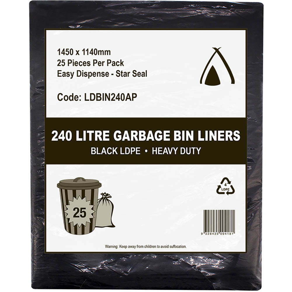 Image for HUHTAMAKI HEAVY DUTY ALL PURPOSE LDPE BIN LINER 240 LITRE 1450 X 1140MM BLACK PACK 25 from Barkers Rubber Stamps & Office Products Depot