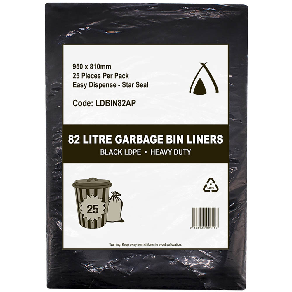 Image for HUHTAMAKI HEAVY DUTY LDPE BIN LINER STAR SEAL 82 LITRE 950 X 810MM BLACK PACK 25 from Office Products Depot Gold Coast