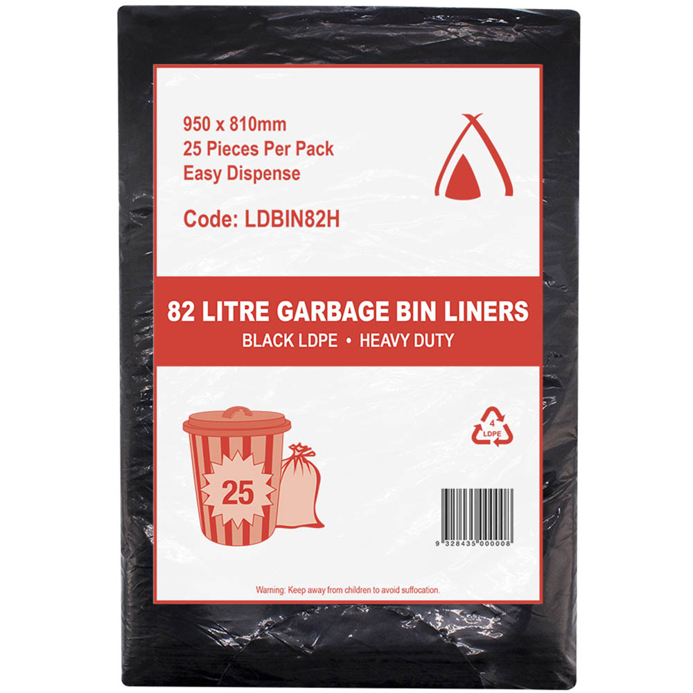 Image for HUHTAMAKI HEAVY DUTY LDPE BIN LINER 82 LITRE 950 X 810MM BLACK PACK 25 from MOE Office Products Depot Mackay & Whitsundays
