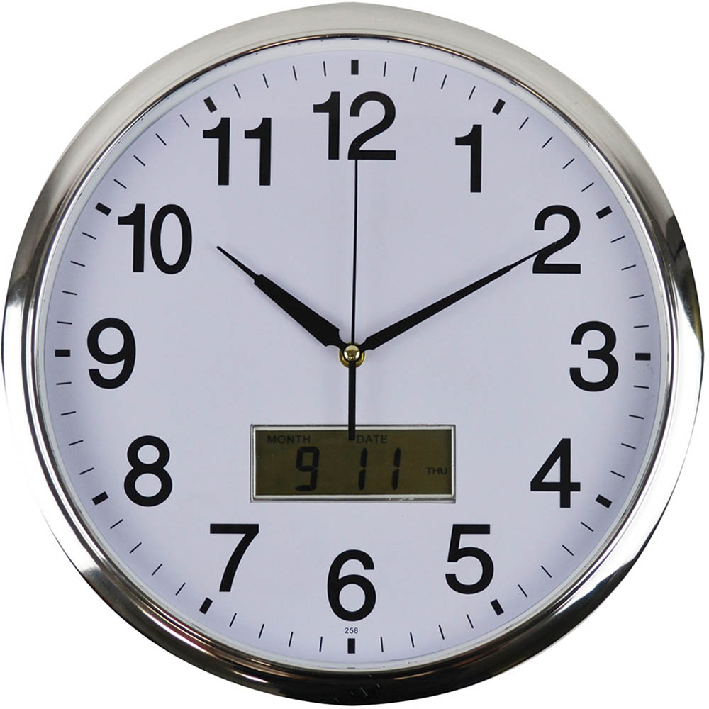 Image for ITALPLAST WALL CLOCK WITH LCD DISPLAY 360MM WHITE / CHROME from Ross Office Supplies Office Products Depot