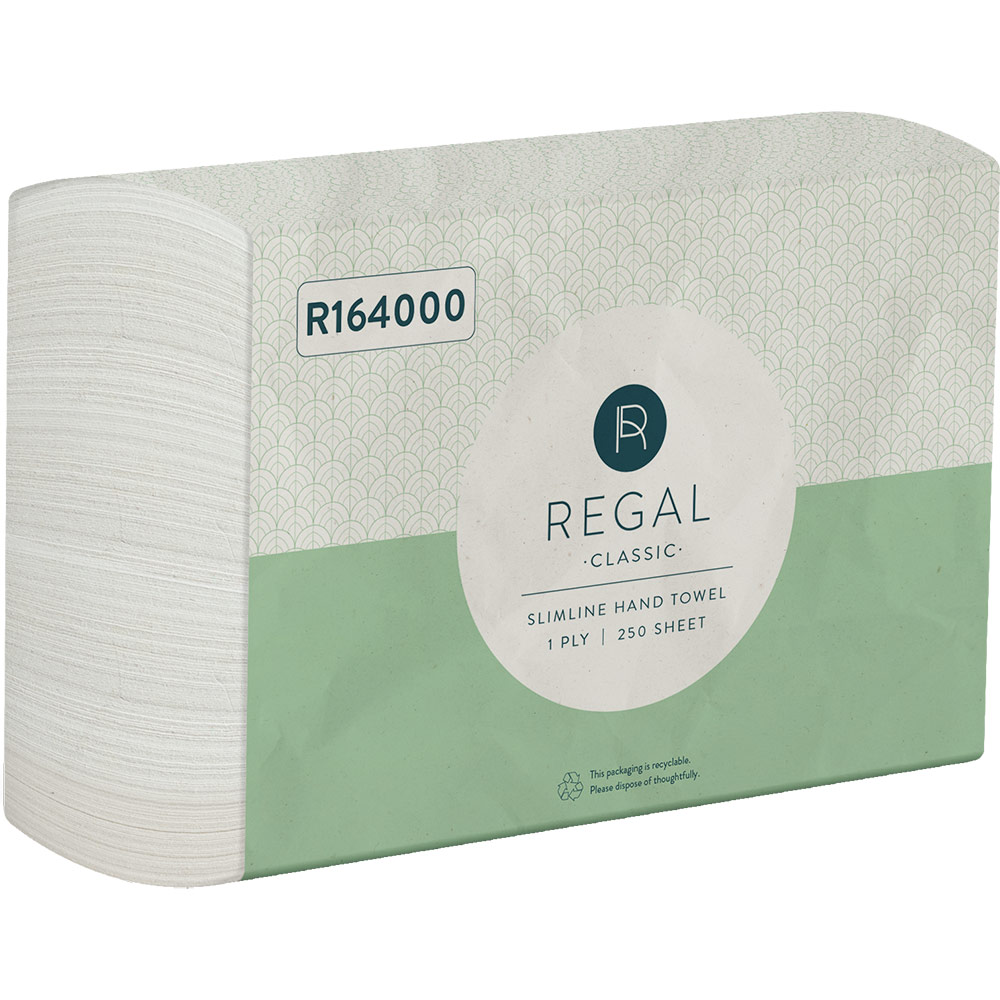 Image for REGAL CLASSIC SLIMLINE INTERLEAVED HAND TOWEL 1-PLY 220 X 225MM 250 SHEET from Total Supplies Pty Ltd