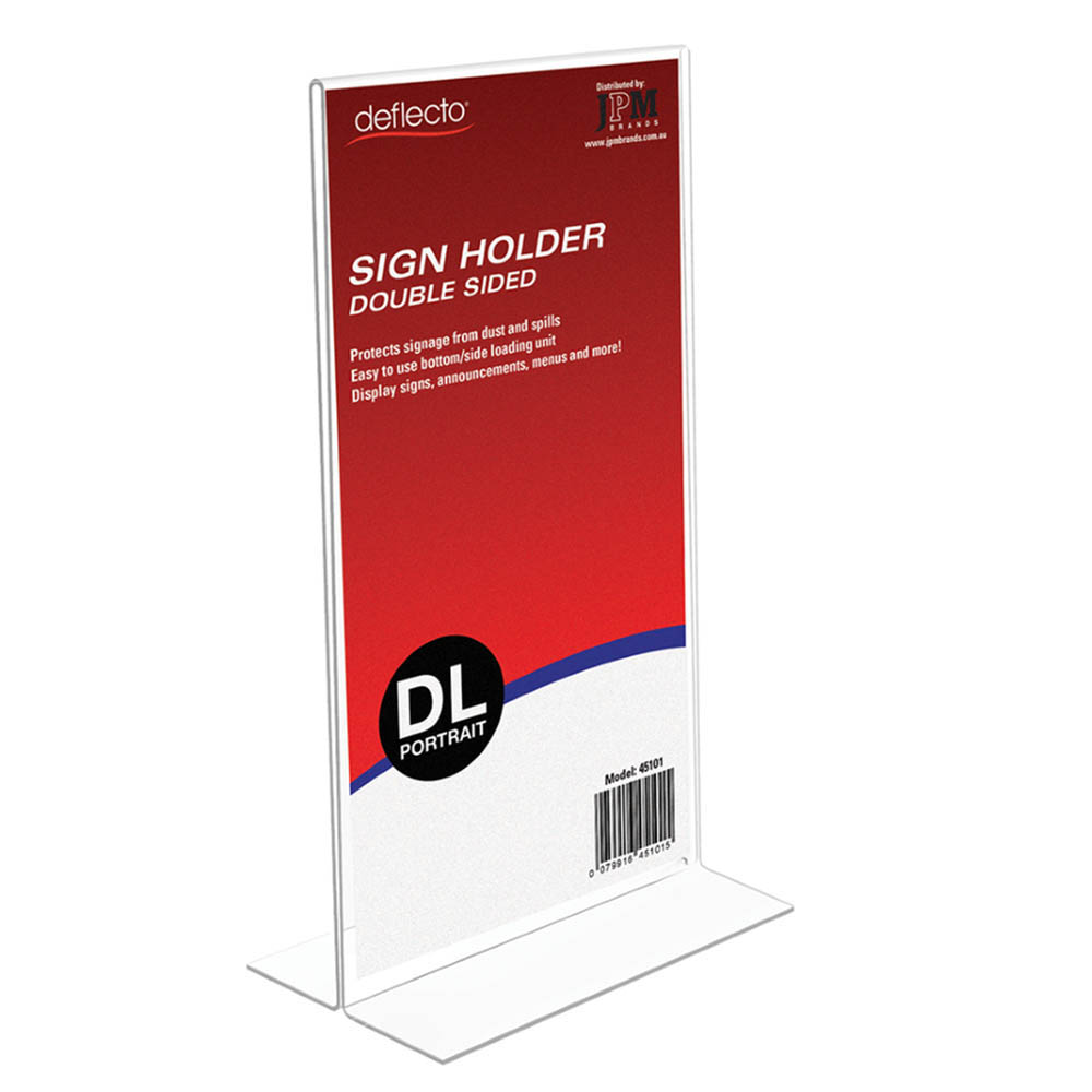 Image for DEFLECTO SIGN HOLDER T-SHAPE DOUBLE SIDED PORTRAIT DL CLEAR from MOE Office Products Depot Mackay & Whitsundays