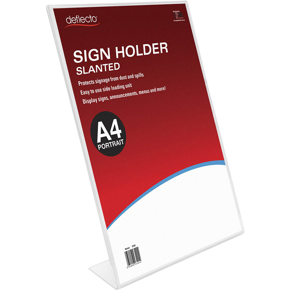 Image for DEFLECTO SIGN HOLDER SLANTED PORTRAIT A4 CLEAR from MOE Office Products Depot Mackay & Whitsundays
