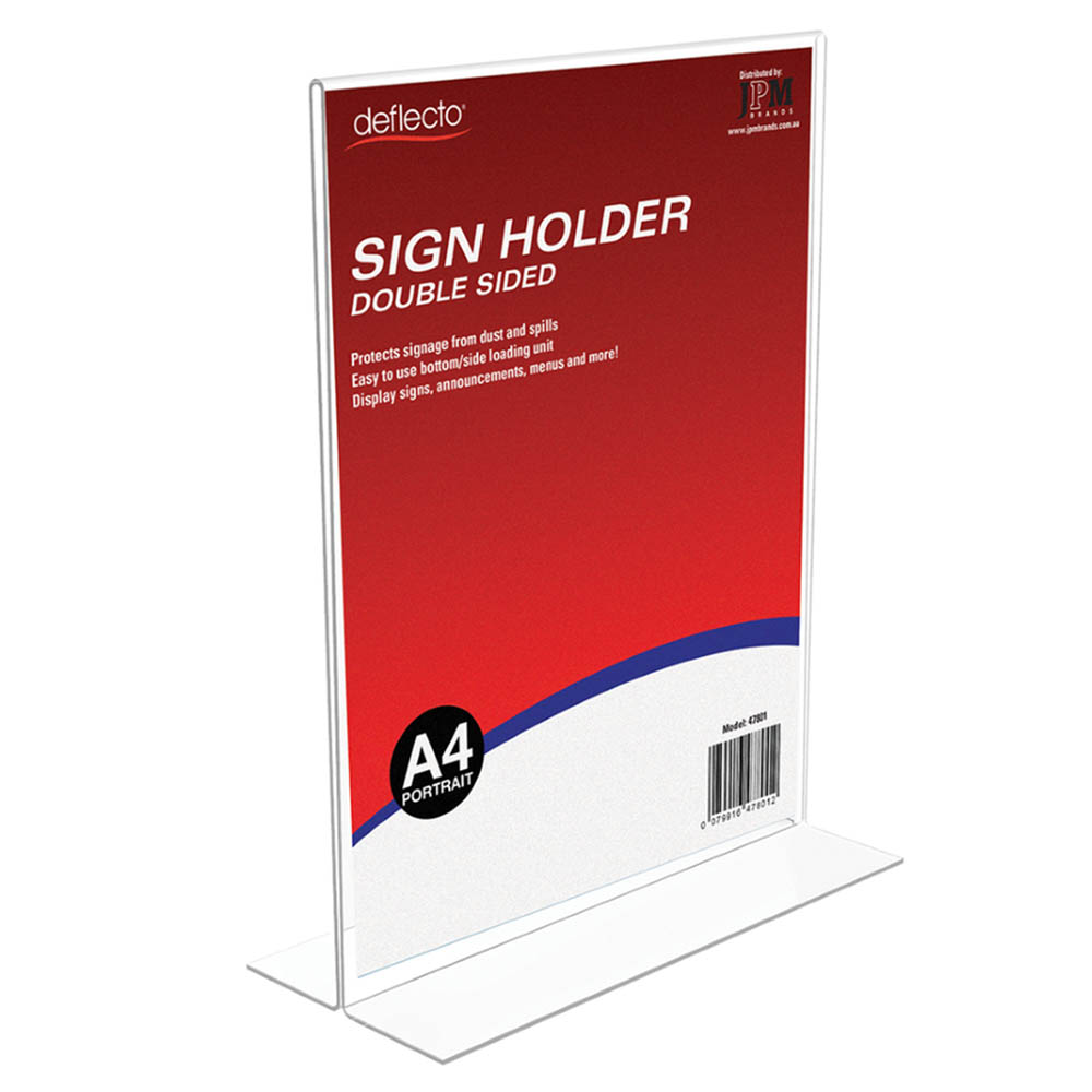 Image for DEFLECTO SIGN HOLDER T-SHAPE DOUBLE SIDED PORTRAIT A4 CLEAR from MOE Office Products Depot Mackay & Whitsundays