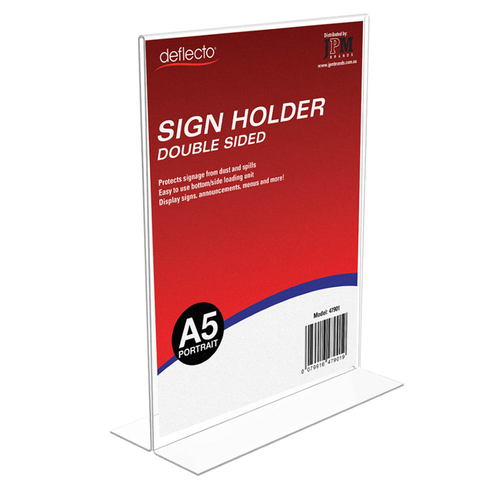 Image for DEFLECTO SIGN HOLDER T-SHAPE DOUBLE SIDED PORTRAIT A5 CLEAR from Ross Office Supplies Office Products Depot