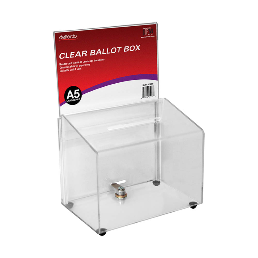 Image for DEFLECTO BALLOT BOX LOCKABLE WITH HEADER LANDSCAPE A5 CLEAR from Office Business Office Products Depot