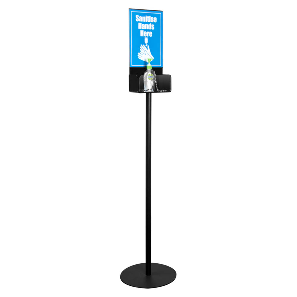 Image for DEFLECTO HAND SANITISER DISPLAY STAND SINGLE A4 1.5M BLACK/CLEAR from Barkers Rubber Stamps & Office Products Depot