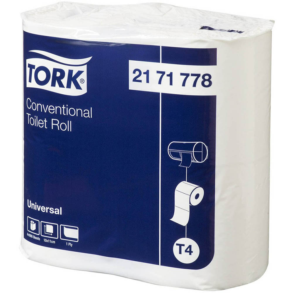 Image for TORK T4 UNIVERSAL TOILET PAPER 1-PLY 1000 SHEET WHITE PACK 4 from Barkers Rubber Stamps & Office Products Depot