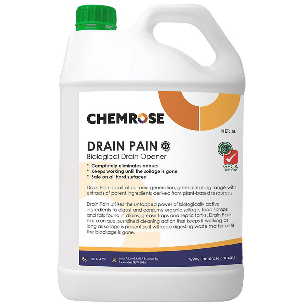 Image for CHEMROSE DRAIN PAIN BIOLOGICAL DRAIN OPENER 5 LITRE from Ross Office Supplies Office Products Depot