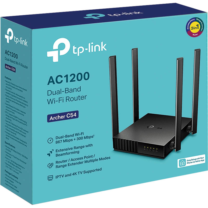 Image for TP-LINK ARCHER C54 AC1200 DUAL-BAND WI-FI ROUTER BLACK from Ross Office Supplies Office Products Depot