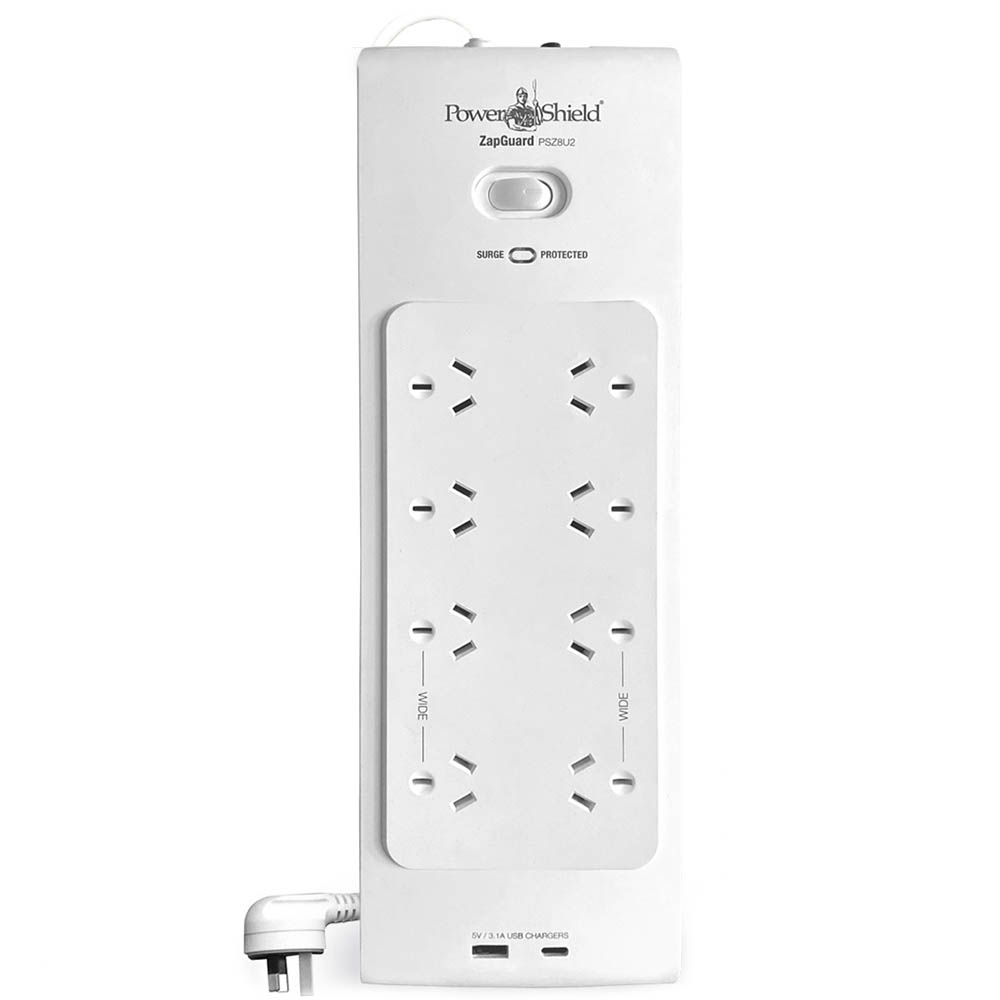Image for POWERSHIELD PSZ8U2 ZAPGUARD 8 WAY POWER SURGE FILTER BOARD WITH 2 X USB WHITE from MOE Office Products Depot Mackay & Whitsundays