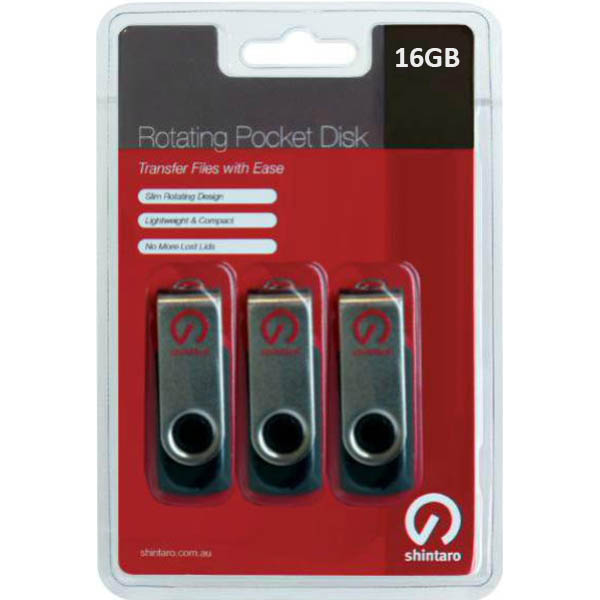 Image for SHINTARO ROTATING USB DRIVE 2.0 16GB PACK 3 from Margaret River Office Products Depot
