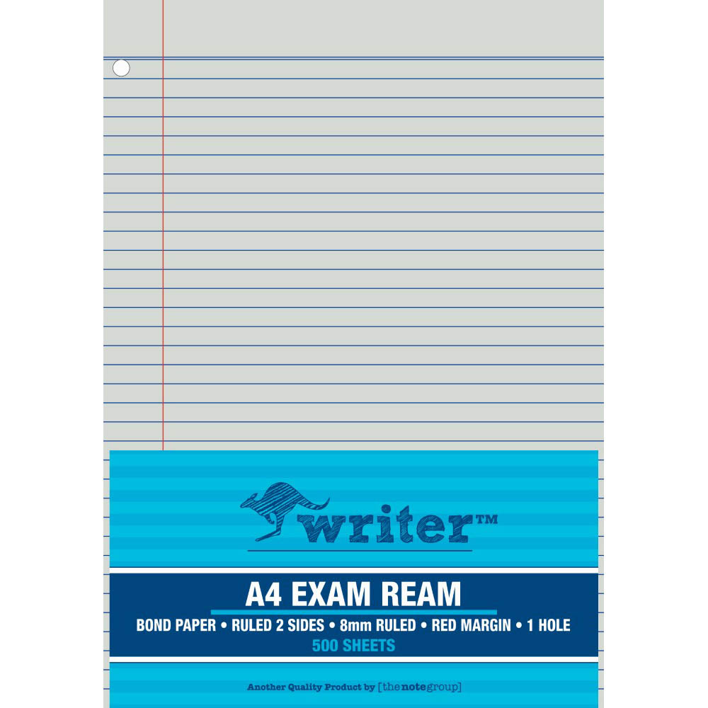 Image for WRITER EXAM PAPER 60GSM 8MM RULED 1 HOLE PUNCHED A4 WHITE 500 SHEETS from O'Donnells Office Products Depot