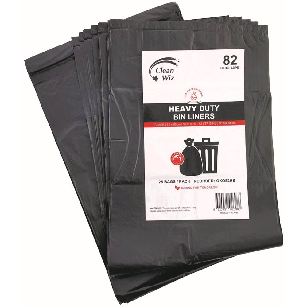Image for CLEAN WIZ HEAVY DUTY BIN LINER OXO-BIODEGRADABLE 82 LITRE BLACK PACK 25 from OFFICEPLANET OFFICE PRODUCTS DEPOT