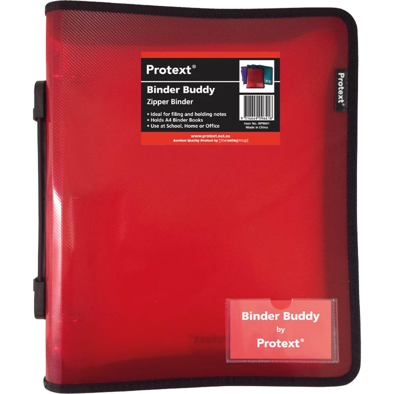 Image for PROTEXT BINDER BUDDY WITH ZIPPER 3 RING WITH HANDLE 25MM RED from MOE Office Products Depot Mackay & Whitsundays