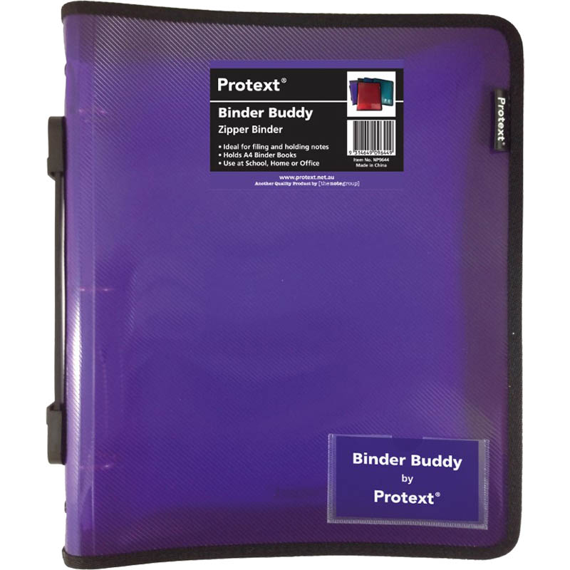 Image for PROTEXT BINDER BUDDY WITH ZIPPER 3 RING WITH HANDLE 25MM PURPLE from MOE Office Products Depot Mackay & Whitsundays