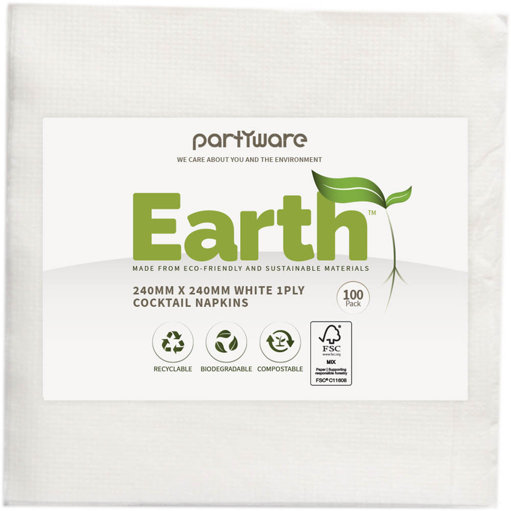 Image for EARTH ECO COCKTAIL NAPKIN 1 PLY 240 X 240MM WHITE PACK 100 from Barkers Rubber Stamps & Office Products Depot