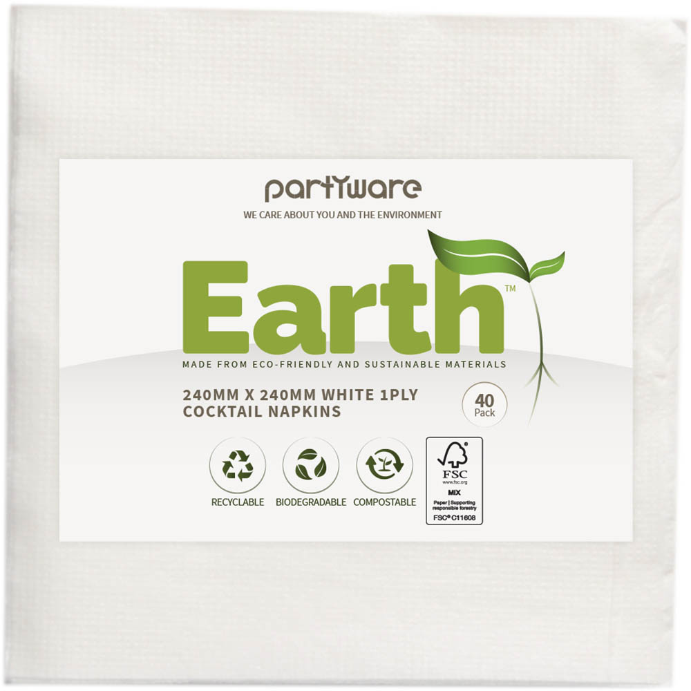 Image for EARTH ECO COCKTAIL NAPKIN 2 PLY 240 X 240MM WHITE PACK 40 from Barkers Rubber Stamps & Office Products Depot