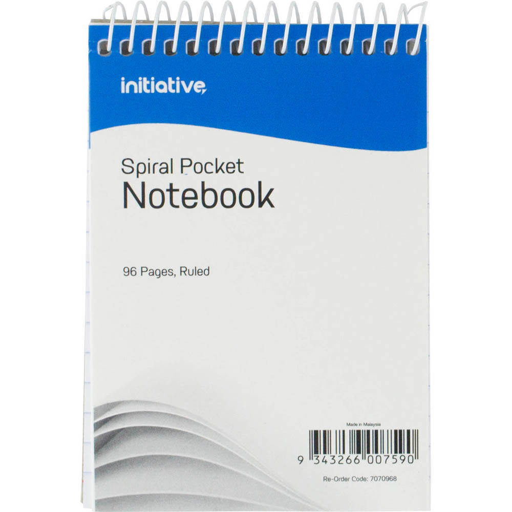 Image for INITIATIVE SPIRAL NOTEBOOK POCKET TOP BOUND 96 PAGE 112 X 77MM from Ross Office Supplies Office Products Depot