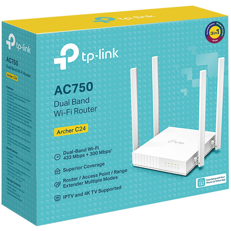Image for TP-LINK ARCHER C24 AC750 DUAL-BAND WI-FI ROUTER WHITE from Ross Office Supplies Office Products Depot