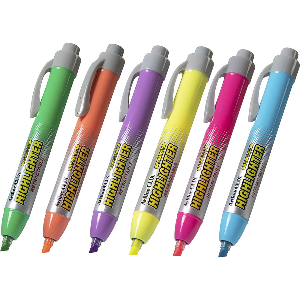 Image for ARTLINE 63 CLIX HIGHLIGHTER RETRACTABLE CHISEL 6 ASSORTED COLOURS BOX 12 from MOE Office Products Depot Mackay & Whitsundays