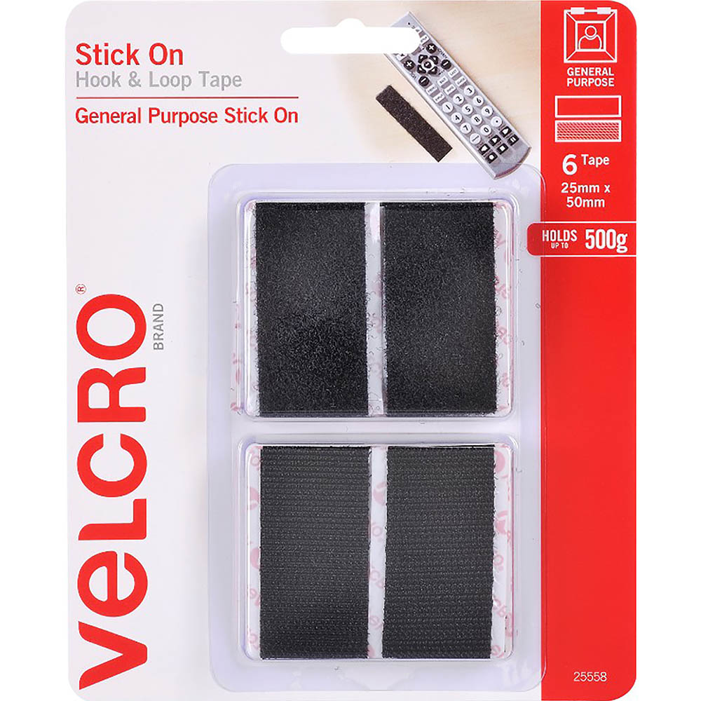 Image for VELCRO BRAND® STICK-ON HOOK AND LOOP RECTANGLES 25 X 50MM BLACK PACK 6 from MOE Office Products Depot Mackay & Whitsundays