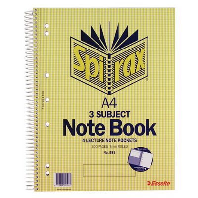 Image for SPIRAX 599 3-SUBJECT NOTEBOOK 7MM RULED SPIRAL BOUND 300 PAGE A4 from Ross Office Supplies Office Products Depot