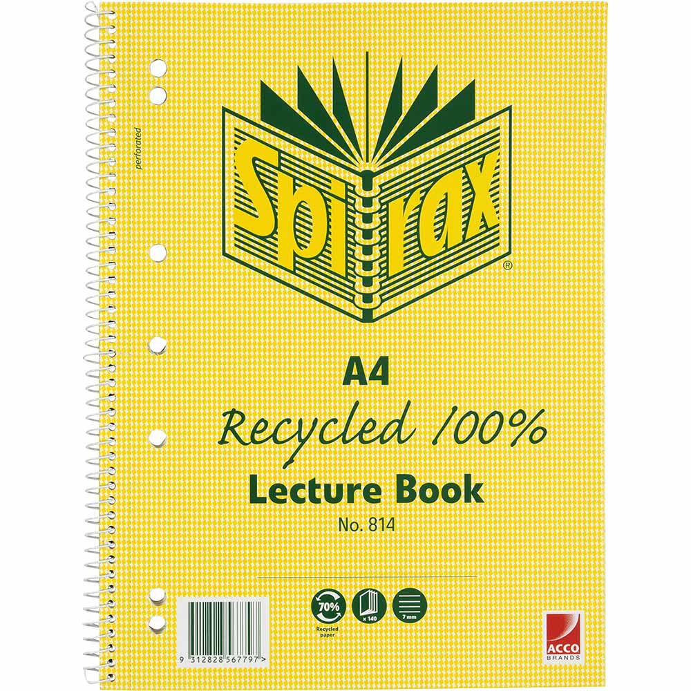 Image for SPIRAX 814 LECTURE BOOK 7MM RULED 7 HOLE PUNCHED 100% RECYCLED SPIRAL BOUND A4 140 PAGE from Office Products Depot Gold Coast
