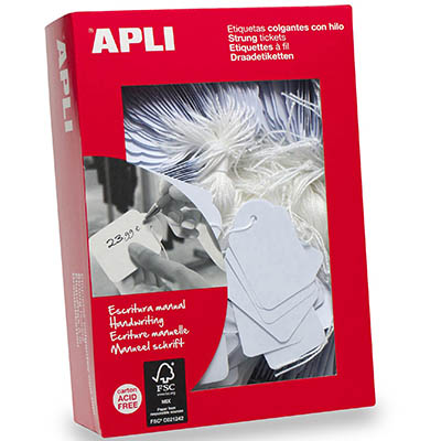 Image for APLI STRUNG TICKETS 28 X 43MM WHITE BOX 500 from MOE Office Products Depot Mackay & Whitsundays